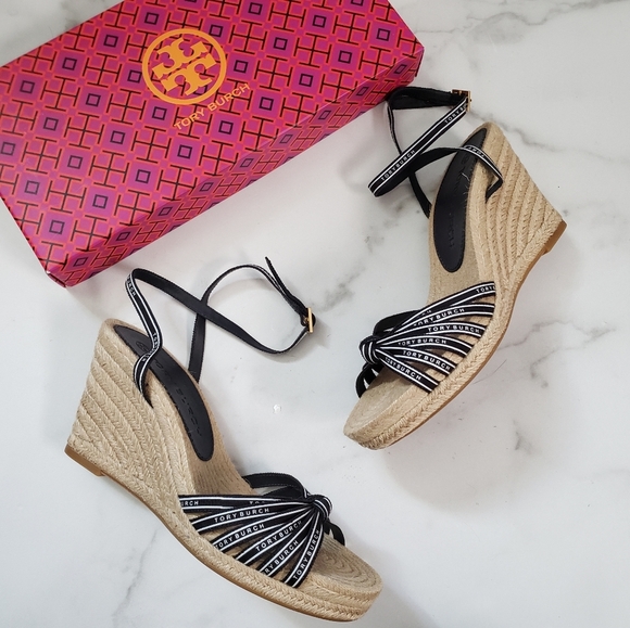 Tory Burch Ribbon Strappy Espadrille Wedge Sandals Pefect Navy Size 8.5 - Picture 7 of 7